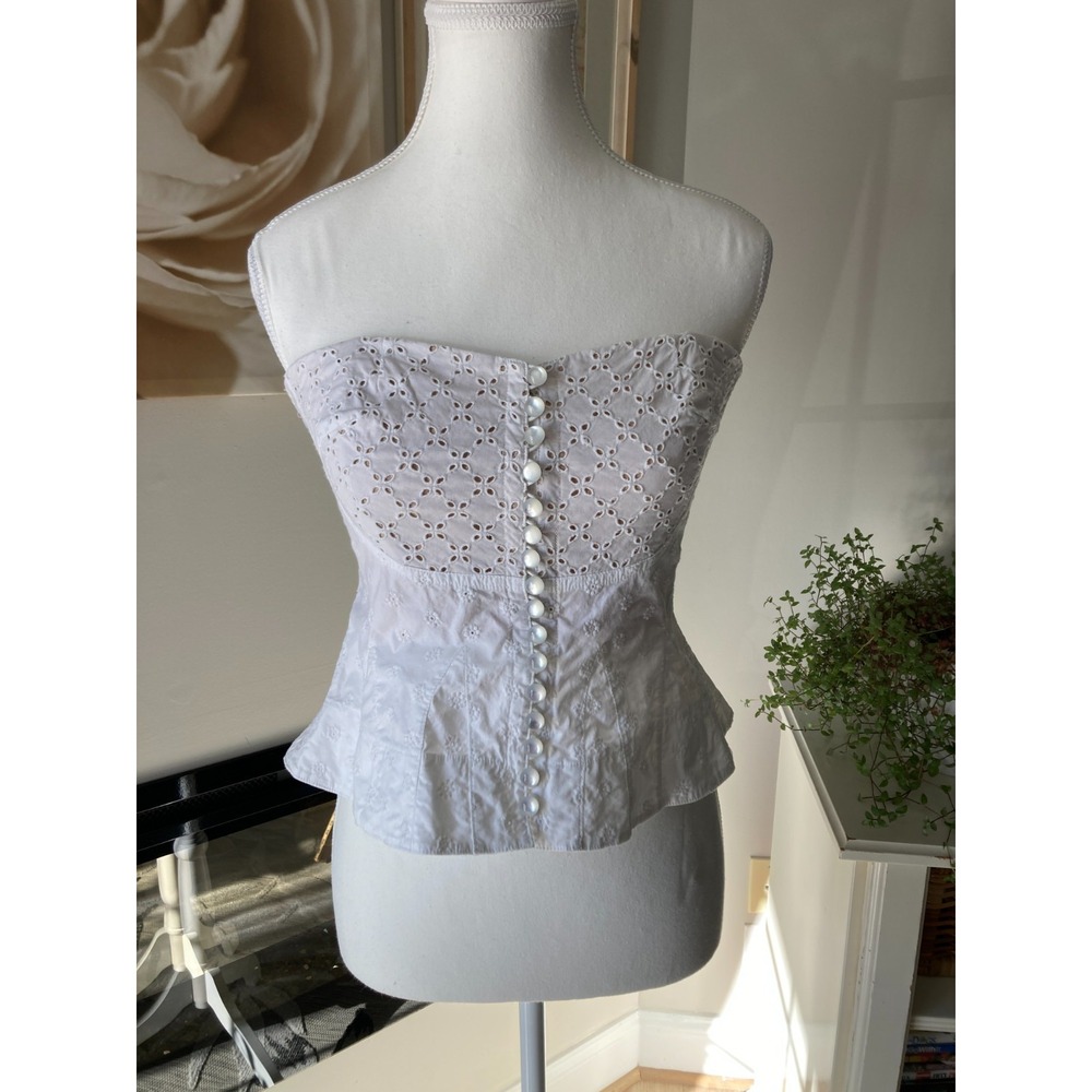shirt Corset Top Womens 8 White Embroidered Eyelets Coquette Strapless Feminine